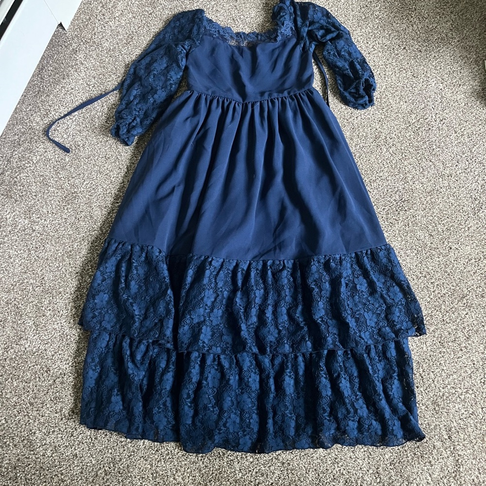 Girls Navy Lace Tiered Dress